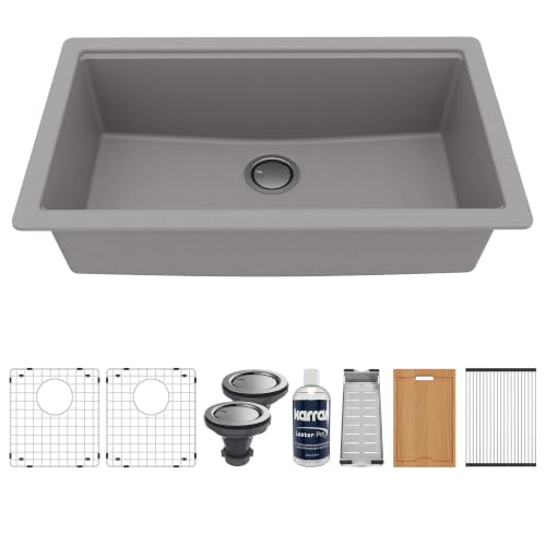 Karran 32.5" Grey Quartz Composite Undermount Workstation Kitchen Sink, Single Bowl Deep Basin with Cutting Board, Colander, Drying Mat, Grid & Strainer – QUWS-875