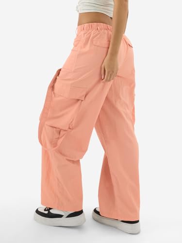 Image of The Souled Store Coral Women and Girls Buttoned Solid Nylon Loose Fit Parachute Pants