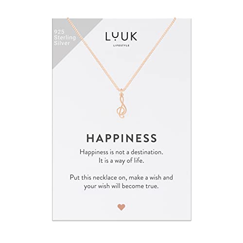 LUUK LIFESTYLE Collier avec Pendentif Clef de Sol en Argent Sterling 925 et Carte HAPPINESS, Personnalisé Cadeau fan de Musique, Noël femme, Fille, Bijou Motif...
