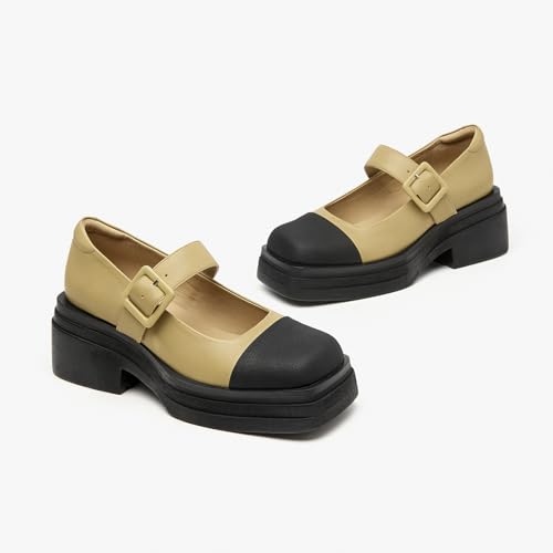 Image of BEAU TODAY Women's Beige Mary Jane Pumps, Size 12, Casual Dress Shoes for Women, Spring /Autumn /Fall, Platform Heel, Leather Sole