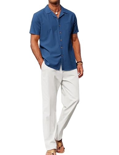 Image of COOFANDY Men 2 Piece Linen Outfit Beach Button Down Shirt Casual Loose Pant Sets
