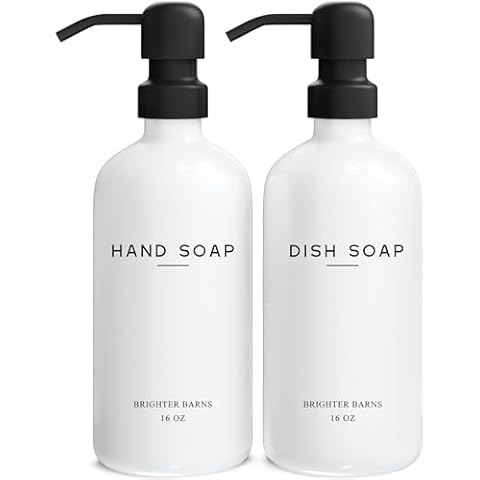 White Glass Hand and Dish Soap Dispenser Set by Brighter Barns - Kitchen Soap Dispenser & Stainless Steel Pump - Soap Dispenser for Kitchen Sink - Farmhouse Kitchen Decor, Bathroom Accessories (White) Cover