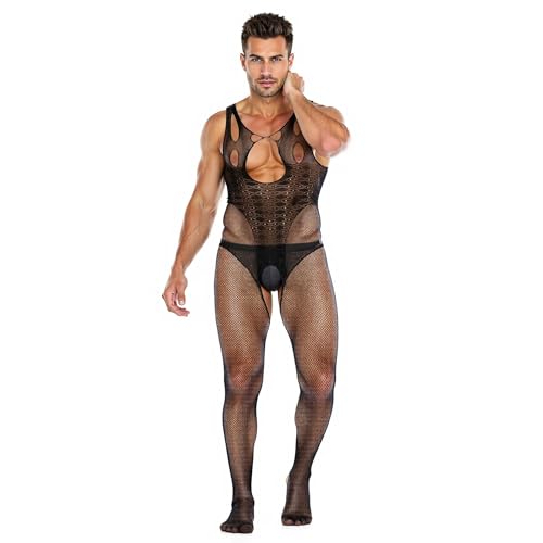 KING STORY Schwarze erotische Kostüme, Netz-Mankinis für Herren, Tank-Onesies, Bodysuits, Sissy-Dessous-Outfits, Strapsstrümpfe, Netzstrümpfe, einteilige sexy Herrenunterwäsche, Herren Tangas