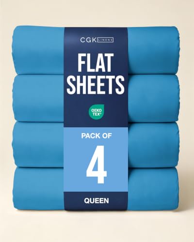 Queen Size Flat Sheet - Pack of 4 Top Flat Bed Sheet Only - Denim Blue