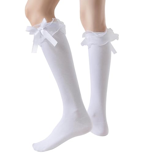 SEMOHOLLI Women Girl's Fashion Knee High Socks With Bow Lace Ruffle Trim Cute Cotton Socks (2 Pairs-White)