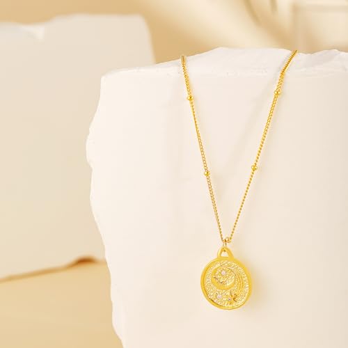 Celestial Coin Necklace - 925 Sterling Silver Moon & Star Coin Pendant with 3 Zircons, 18K Gold Plated Adjustable Chain (40+5cm/15.7"+2"), Astronomy Jewelry Gift4
