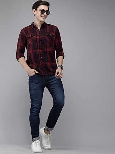 Image of THE BEAR HOUSE Men's Cotton Heavy Weight Maroon Tartan Checked Flannel Casual Shirt | L |TBH-Ursus-MR-L |