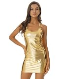 Aiihoo Damen Wetlook Minikleid Kurz Enges Bodycon Kleid Rückenfrei Schlinge Partykleid Metallic Cocktailkleider Gogo Outfits Clubwear Gold A XL