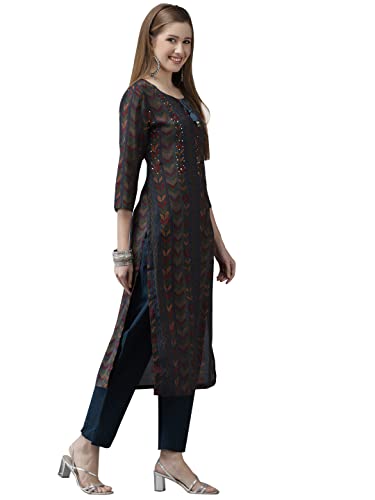 Image of ishin Women's Rayon Burgundy Embellished A-Line Kurta set With Skirt