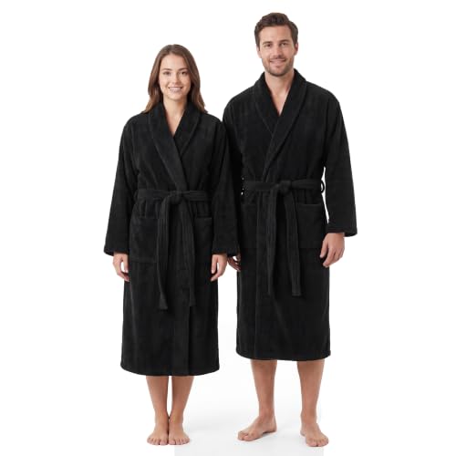 Image of Graphic Impact Unisex Bathrobe Towelling Super Soft Bath Wrap Housecoat Spa Gym Shawl 100% Egyptian Cotton Terry Plain Bathrobe (Black, L-XL)
