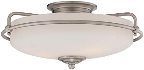 Quoizel Griffin Flush Mount Ceiling Light, 17 Inch 3-Light Antique Nickel Opal-Etched Frosted Glass Shade, Ceiling Light Fixture for Hallway, Kitchen, Bedroom, Dining, Farmhouse or Office