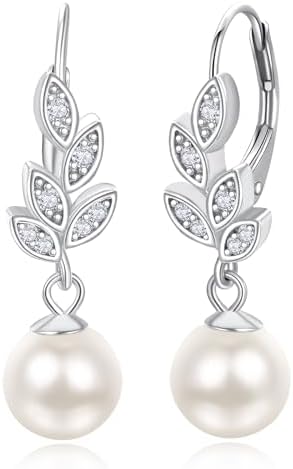 Pearl Dangle Earrings for Women - 925 Sterling Silver Rhodium Plated Drop Earrings Leaf Cubic Zirconia Earrings 8mm White Pearl Statement Drop Earrings Gifts for Brides Mom - Image 9