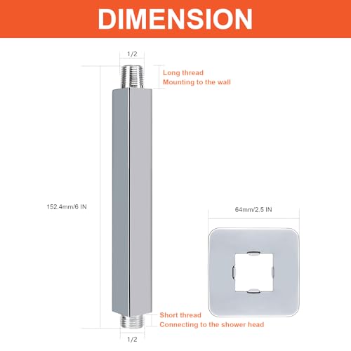 Image of Ceiling Mounted Shower Arm, Rain Shower Square Extension Arm with Flange and Teflon Tape Stainless Steel Ceiling Mount Shower Extender (6 Inch, Chrome)