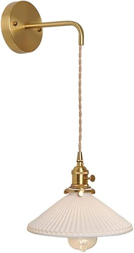HUAYUSEDF Antique Wall Sconce Milk Glass Brass Mounted Light Mid Century Hardwired Industrial Farmhouse Lighting Hanging Gold for Bedroom Living Room Headboard(Pleated)
