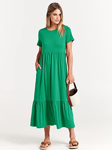 Image of ANRABESS Womens 2026 Summer Casual Maxi Dress A line Tiered Flowy Short Sleeve Crewneck T Shirt Beach Travel Long Dresses