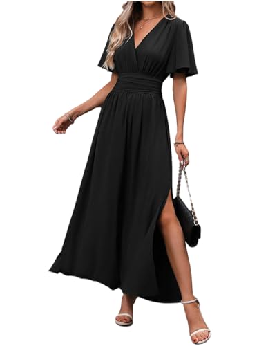 LUVCES Femme Robe Elegante Col en V Taille Haute Robe Longue d'été Plissée Manches Papillon...