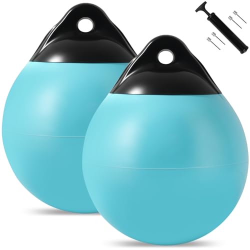 Boat Mooring Buoy 2 Pack,15 inch Round Boat Fenders Ball Boat Buoy Ball,Inflatable Boat Fenders Dock Bumper Ball Anchor Buoy Suitable for Yachts Marinas Sailboats Ski Boats(Aqua Blue)