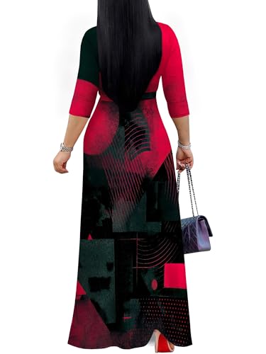 Image of Womens Plus Size Maxi Dresses Casual 3 /4 Sleeve Sundress Fall Wedding Guest Dress with Belt