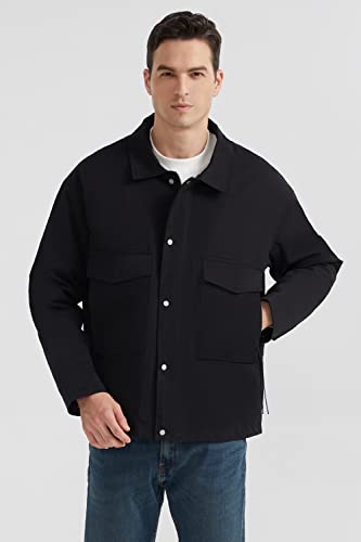 Elezay Men's Bomber Jacket Down-Filled Black Casual Motorcycle Jacket For Fall Winter Washed Cotton Coats, Large #TOP2