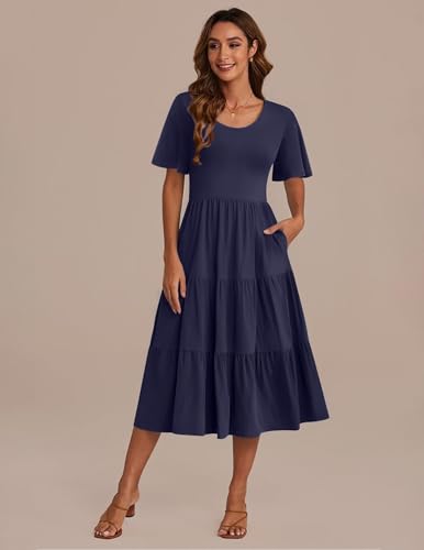 Image of Zeagoo Women's Summer Flowy Midi Dress Casual Flutter Sleeve O Neck Tiered Beach Sundress Short Sleeve Dress Navy Blue