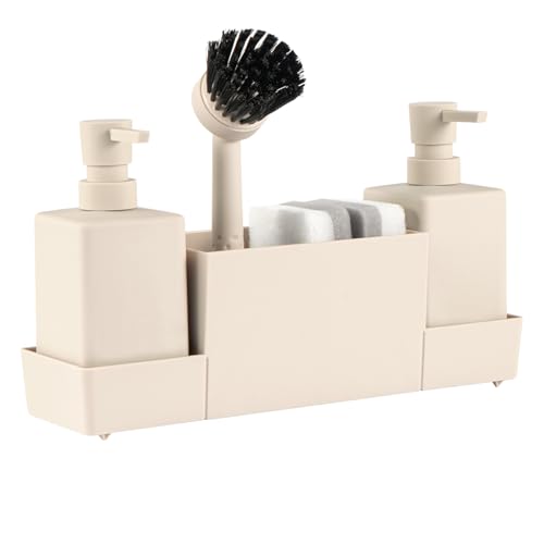 Image of GREENSAPPIRE Kitchen Soap Dispenser Set, Washing Up Liquid Dispenser with Sponge Caddy & Brush Holder, 4-in-1 Dish Soap Dispenser for Kitchen Sink, Countertop Organiser (Beige)