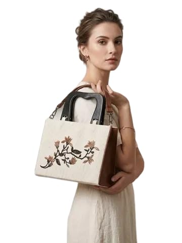 Floral Embroidered Handheld Bag Cream Textured Box Bag with Designer Handle Pursh151 Canvas Black White-picture-13
