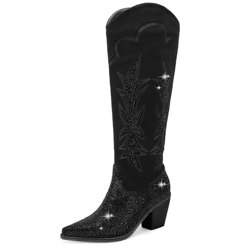 LingxiaUne Cowboy Boots for Women, Mid Calf Cowgirl Boot Rhinestone,