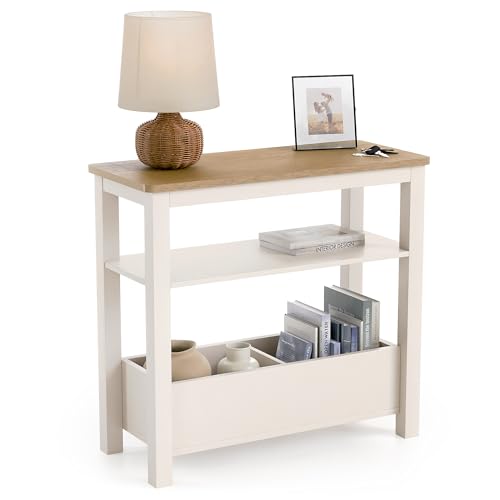 CHRISTOW Slim Console Table with Oak-Effect Top, Middle Shelf & 2 Storage Compartments, Side Table for Sofa, Living Room, Hallway & Small Spaces, Sturdy MDF, Cream Finish, H60cm x W65cm x D28cm