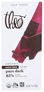 Theo Pure Organic Dark Chocolate Bar, 85% Cacao, 3 oz
