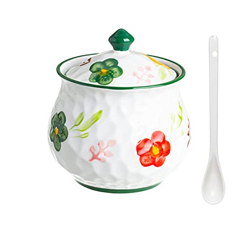 récipient à sucre， Pots à épices, sucrier à fleurs dessinées à la main avec couvercle et cuillère, Pot à sucre, boîte d'assaisonnement-Pot de 750ml(Green)