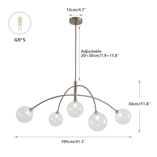 Image of Mid Century Modern Sputnik Chandelier Adjustable 5 Light Clear Glass Silver Ceiling Chandelier for Dining Room Kitchen Bedroom