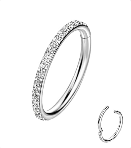 TDEBA 20/18/16G CZ Nose Rings Hoop 316L Surgical Stainless Steel Cartilage Earring Septum Clicker Ring Daith Helix Rook Tragus Conch Lip Lobe Piercing Jewelry - Silver Clear CZ 16G 8mm