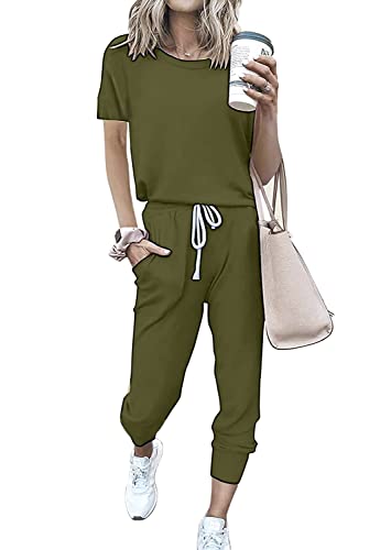 Image of PRETTYGARDEN Women Summer Two Piece Outfits Striped Short Sleeve Pullover and Long Pants Tracksuit Travel Pajama Lounge Set
