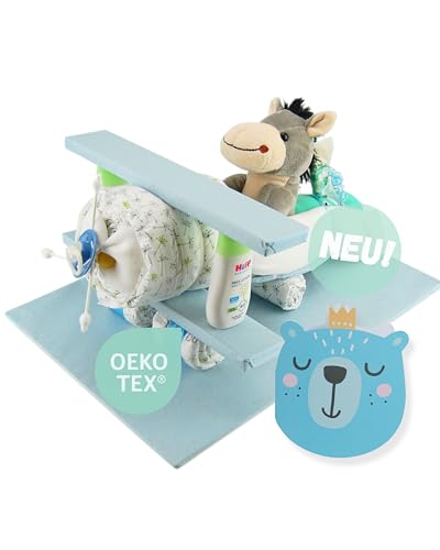 Windeltorte ® Flugzeug mit Kuscheltier - Plüschtier - Geschenk zur Geburt - Babyparty - Baby - Babyshower - Pullerparty… (Blau/Junge)