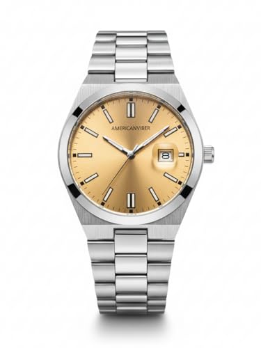 Image of AMERICANVIBER Men's Silver Stainless Steel Watch, Vibrant Green Sunburst Dial, Quartz Analog Movement, Date Display, Faceted Bezel for Men