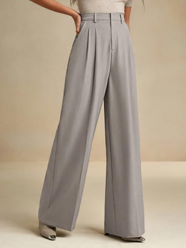 Image of KOTTY Women's High Waist Solid Color Hook and Bar Wide Leg Trousers Loose Comfort Trouser with Pockets