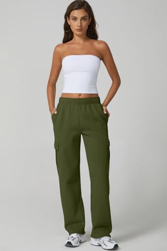 Image of QINSEN Baggy Medium Waist Elastic Sweatpants for Womens Casual Long Fleece Cargo Pants with Pockets