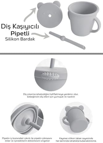 Meleni Baby 5'li Silikon Beslenme Seti - Bebek Mama Önlüğü - Tabak - Vakumlu Kase - Pipetli Bardak - Kaşık-Gri - Görsel 6