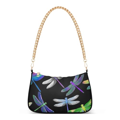 Zipper Hobo Evening Purse Multicolored Cartoon Dragonflies Designer Handbag Women Colorful Shoulder Bag with Chain Strap