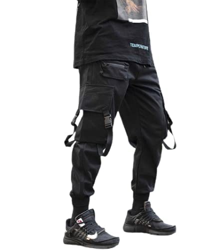 ABCUSTOMS Sassy Black Mens Streetwear Pants with Pockets and Buckles