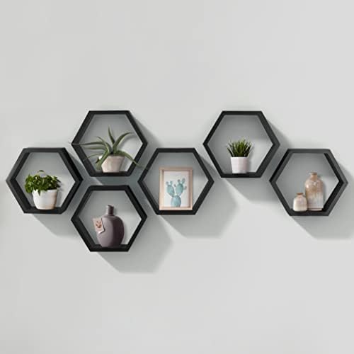 THOUGHTFUL GIFTS Hexagon Floating Shelves Set of 6, Honeycomb Shelves, Wall Mounted, Display Shelf, High Gloss Shelves, Room Decor Black, Modern Shelves for Bedroom, Living Room Office and More