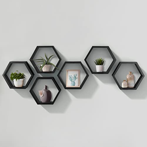 Thoughtful Gifts Hexagon Floating Shelves Set Of 6, Honeycomb Shelves, Wall Mounted, Display Shelf, High Gloss Shelves, Room Decor Black, Modern Shelves For Bedroom, Living Room Office And More #TOP28