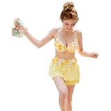 [RAVIR] 【ラヴィール】水着 レディース ビキニ 3点セット ビキニセット 女性用水着 シンプル フリル イエロー Mサイズ