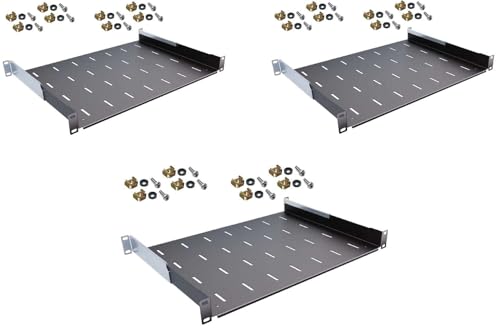 3 Stück 1 HE tiefen verstellbare Rackablage 35-51 cm tief in Schwarz RAL 9005, 19 483 mm Variabler Fachboden Trägereinschub Einlegeboden Rack Ablage Boden