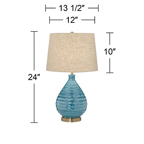360 Lighting Kayley Mid Century Modern Coastal Table Lamp Textured Ceramic 24" High Sky Blue Glaze Linen Fabric Tapered Drum Shade for Living Room Bedroom House Bedside Nightstand Home - Image 4