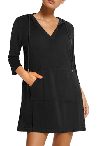 Pinup Fashion Terry Cloth Cover Up Black Coverups Swimwear Women SPF Swim Hooded Beach Coverup with Pocket
