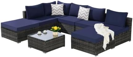 mikibama 8 Pieces Outdoor Patio Sectional Sofa Couch,Wicker Furniture Conversation Sets with Washable Cushions & Glass Coffee Table for Garden, Poolside, Backyard