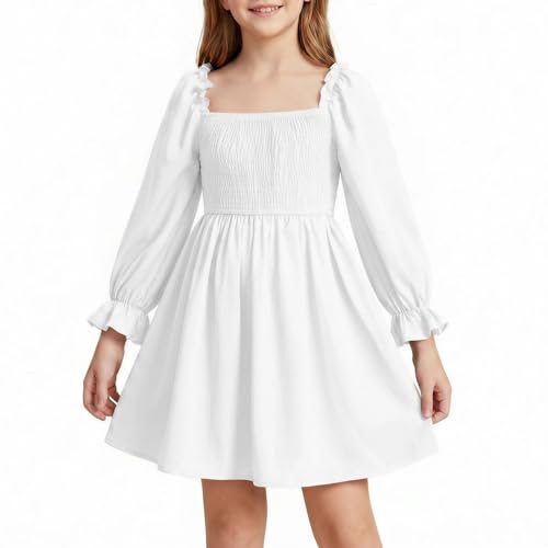 Image of DivingBirds Girls Dresses Square Neck Puff Long Sleeve A-Line Dress Kids Spring Summer Casual Birthday Holiday Clothes for Girl 7-8 Years White