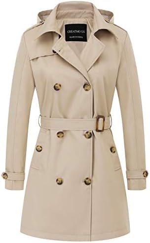 CREATMO US Women's Trench Coat Double-Breasted Classic Lapel Overcoat Belted Slim Outerwear Coat with Detachable Hood