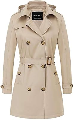 CREATMO US Women's Trench Coat – Casual Double‑Breasted Spring/Fall Long Coat with Belt, Khaki, Size...